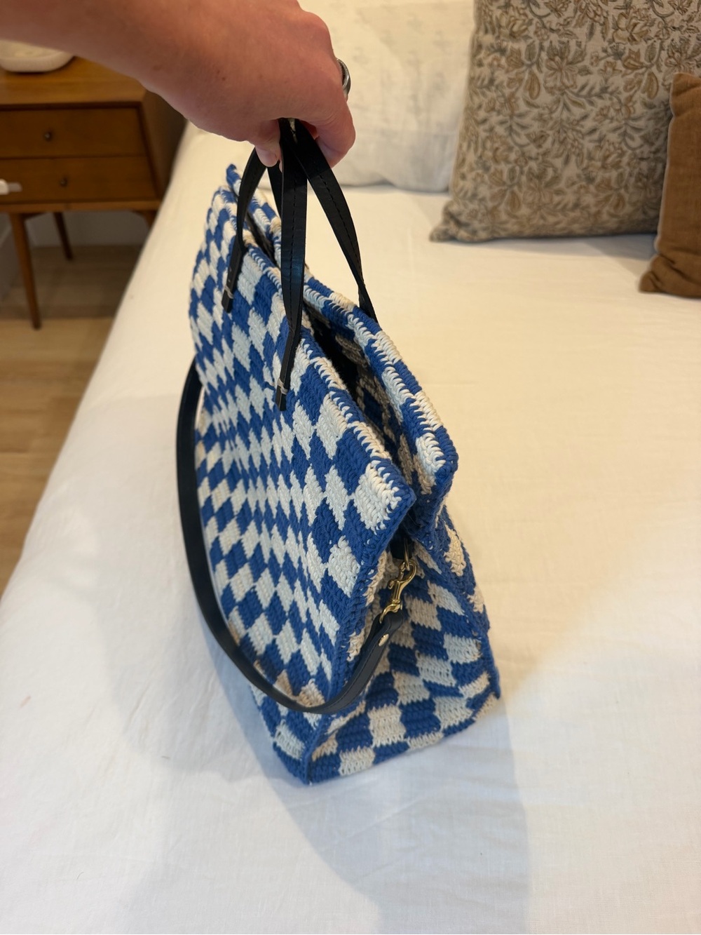 Clare V.  Summer Simple Tote. Blue / Cream Crochet Checker. - Picture 5 of 7